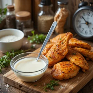 5-Step Chicken Tender Recipes: Quick and Juicy Every Time 5 "Juicy golden-brown chicken tenders on a wooden board with bowls of buttermilk marinade, spices, and a meat thermometer illustrating tips for flavorful and tender chicken."