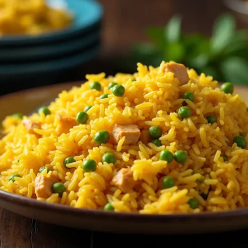 "5 Simple Steps to Make the Perfect Chicken and Yellow Rice Recipe" 5 overhead studio shot of a large rectangular platter piled high with vibrant yellow rice the rice is 451tyhej10mgbhav8lkw 3 ezgif.com avif to webp converter